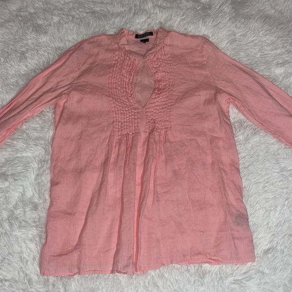 Lauren Ralph Lauren Linen Pink Pleated Open Front Key Hole Long Sleeve Blouse - Picture 12 of 12
